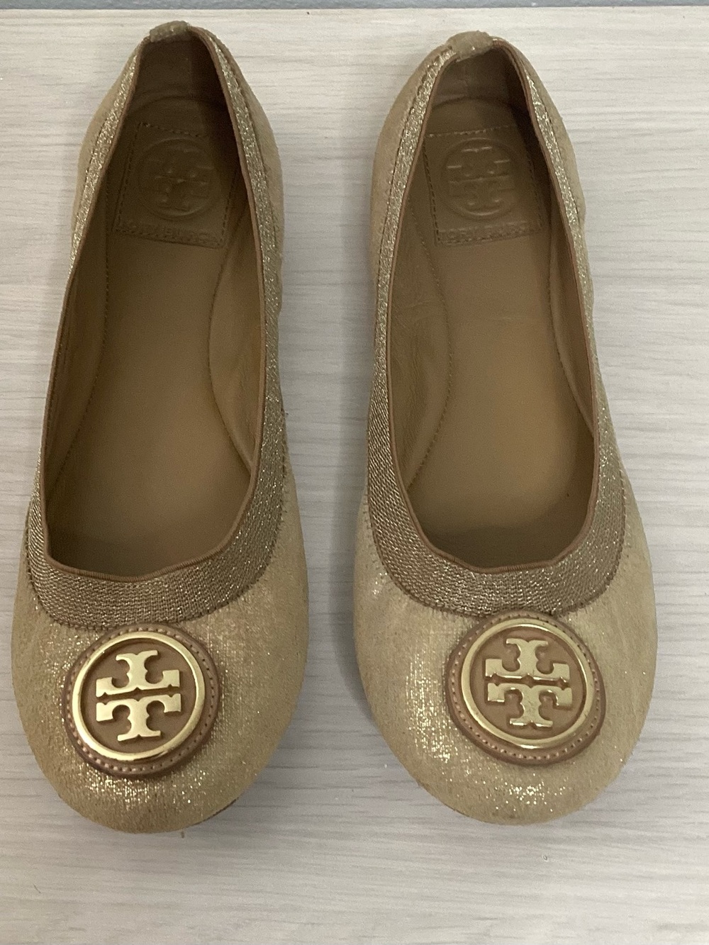 Tory Burch Gold Glitter Logo Round-Toe Ballet Flats